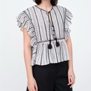 Sea Monochrome Patterned Ruffle Blouse
